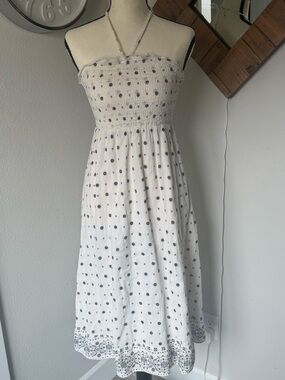 Smocked Strapless White Sundress with Black Dot Embroidery 100% Cotton Guaze